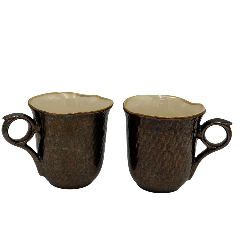 Pier 1 Imports Metallic Bronze Stoneware Mugs Hammered Wavy Rim Set of 2 12 oz